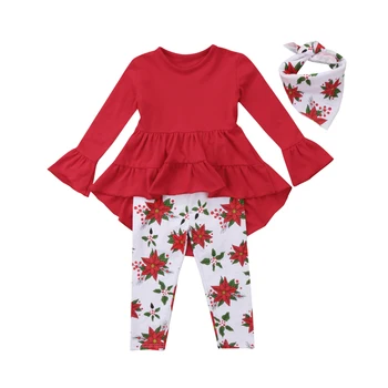 Citgeett Bamblys Vaikų Mergaičių Viršūnes ilgomis Rankovėmis Raudona marškinėliai-Suknelė Kelnės Gėlių Drabužių Komplektus 3pcs Gėlių Mados Rinkinys