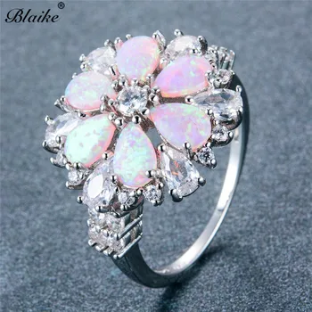 Blaike Prabangus Visiškai Akmens Pink Fire Opal Gėlių Žiedai Moterims 925 Sterlingas Sidabro Vandens Lašas Cirkonis Birthstone Fine Jewelry
