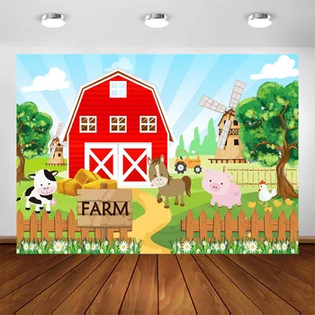 Animacinių Filmų Ūkio Gyvūnų Tema Fone Kaimo Red Barn Baby Vaikų Gimtadienio Fotografijos Fone Apdailos Reklama Šalies Prekių