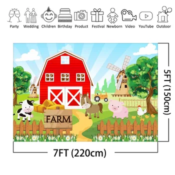 Animacinių Filmų Ūkio Gyvūnų Tema Fone Kaimo Red Barn Baby Vaikų Gimtadienio Fotografijos Fone Apdailos Reklama Šalies Prekių