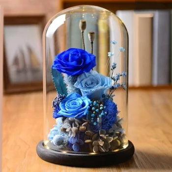 Mediniai Stiklo Kupolas su Mediniais Gėlių Vaza Ornamentu LED Žibintai Turėtojas