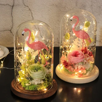Mediniai Stiklo Kupolas su Mediniais Gėlių Vaza Ornamentu LED Žibintai Turėtojas