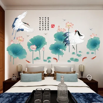 Kinų Stiliaus Krano Lotus lipnios Tapetai, TV Foną, Miegamojo Sofa-lova, Gyvenamasis Kambarys Sienų Tapybos Lipdukai