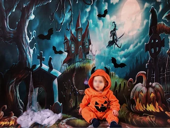 Capisco nuotrauka fone Helovinas Pilis fotografijos fonas naktį ragana varnos moliūgų mėnulis kapinės animacinių filmų photostudio rekvizitai