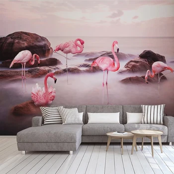 Užsakymą Bet kokio Dydžio Freska Tapetai, 3D Ežero Saulėlydžio Rožinė Paukščių Kraštovaizdžio Sienų Tapyba Kambarį Miegamasis Papel De Parede Tapetai