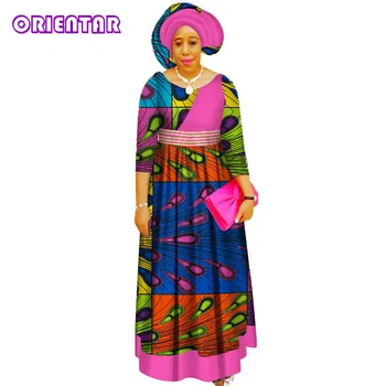 Atsitiktinis Afrikos Suknelės Moterims Afrikos Spausdinti Skraiste Africaine Aukšto Juosmens Ankara Suknelės su Headtie Afrikos Drabužius WY3435