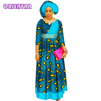 Atsitiktinis Afrikos Suknelės Moterims Afrikos Spausdinti Skraiste Africaine Aukšto Juosmens Ankara Suknelės su Headtie Afrikos Drabužius WY3435