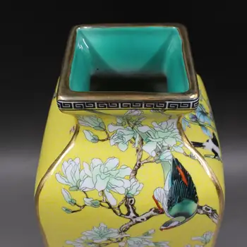 Čing Dinastijos Qianlong nudažyti aukso emaliu gėlių ir paukščių aikštės vaza antikvarinis senas prekių porceliano buities baldai antiq