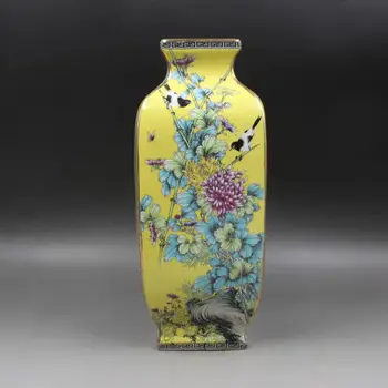 Čing Dinastijos Qianlong nudažyti aukso emaliu gėlių ir paukščių aikštės vaza antikvarinis senas prekių porceliano buities baldai antiq